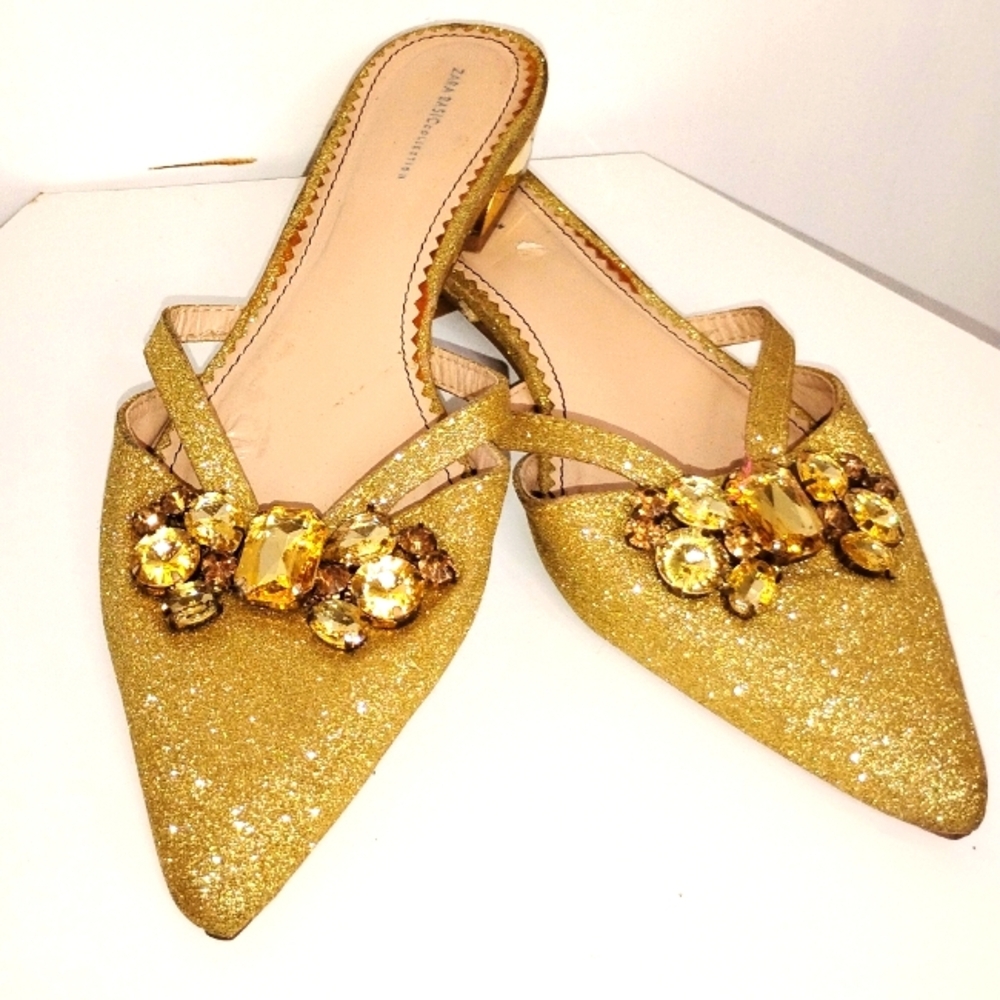 Zara Glittering Gold Mules with Jewel Accents